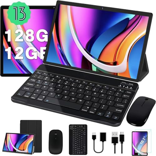 JUSYEA Tablet 10 Pulgadas Android Tablets PC 4GB RAM + 64GB ROM, Octa-Cores 2.0Ghz, WiFi 5G+2.4G, BT 5.0, Cast, 8000mAh, 8+5MP, Cuerpo Metálico, con Funda, Teclado y Ratón, Negro