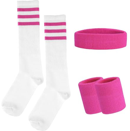 Lufdegim Schweissband und Socken Set, 80er 90er Jahre Schweißband Gestreiftes Stirnband, Armband, Gestreifte Hohe Socken für Damen Herren Sport Laufen Radfahren Karneval Kostüme Party