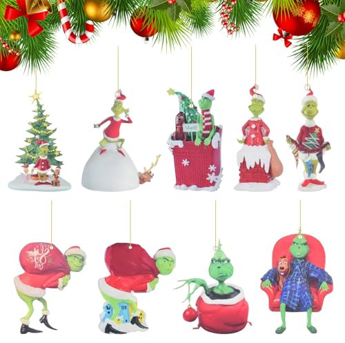 9Stück Grin-ch Weihnachtsschmuck,Grin-ch-Hängeornament,Weihnachtsschmuck G-rinch Acryl Hängende Anhänger,Für den Weihnachtsbaum im Innenbereich, Heimdekoration(Grün)