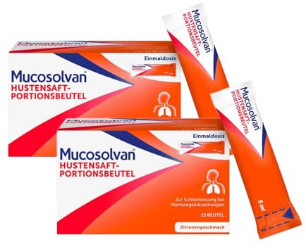 MUCOSOLVAN Hustensaft-Portionsbeutel mit 30mg Ambroxol, 15x5 ml x2 – Schnelle Hustenlinderung, jetzt auch als praktische Portionsbeutel für unterwegs – Schleimlöser bei Husten – Löst, befreit, schützt