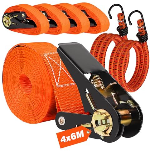 SKERITO Spanngurte mit Ratsche with 2 Gummibänder Spanngurte 6m 4 Stück Spanngurt TÜV G/S Zertifiziert Starkes und Wetterfestes Zurrgurte mit Ratsche 800 kg Belastbarkeit Orange