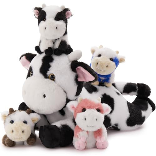 MorisMos 40cm riesen Kuh Kuscheltier mit 4 Baby im Bauch, groß Kuh Plüschtier Stofftier XXL, weihnachtsgenschenk Kinder Jungen Mädchen