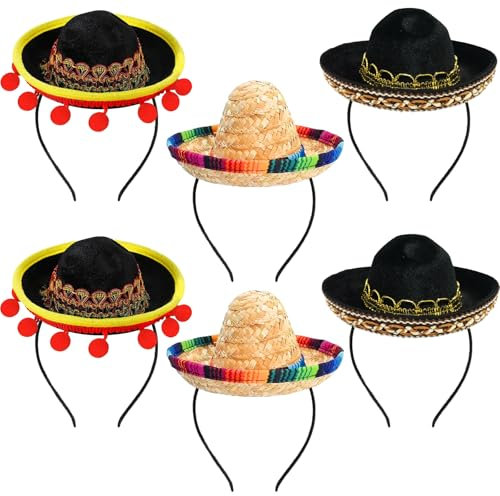 CWENDANER 6PCs Sombrero Stirnband Stoff PartyhüTe, Mexikanische Sombrero-HüTe, 3 Stile Polyester PartyhüTe, Mit Ball Fransen Dekoration FüR Fiesta Mexikanische Themen PartyzubehöR Dekorationen