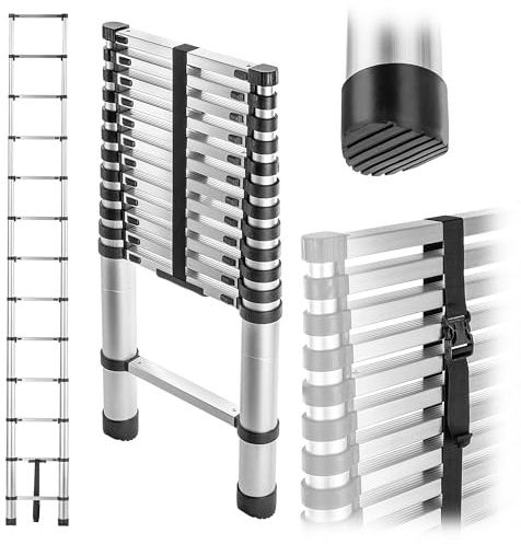 KADAX Aluminium Teleskopleiter, 13 Stufen, ausziehbar bis 3,8 m, Tragfähigkeit 125 kg, rutschfeste Füße, Mehrzweck-Klappleiter