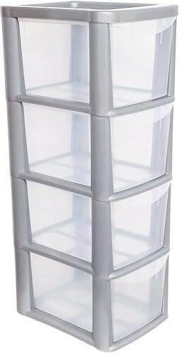 ALEEZ - 4 Drawer Plastic Storage Unit - Space Saving Multipurpose Medium Drawers - Clear Design Home Office Storage Durable Draws - Tabletop, Desktop Drawers - 62cm (H) x 19cm (W) x 25cm