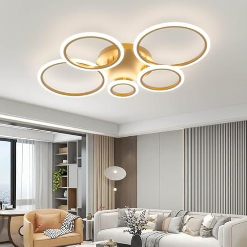 KeLuKes Modern Deckenleuchten 100cm, Deckerlampe 5-Ring-Design, Memory Funktion, Dimmbar Deckenleuchte für Schlafzimmer Wohnzimmer Küche Bücherzimmer, Gold