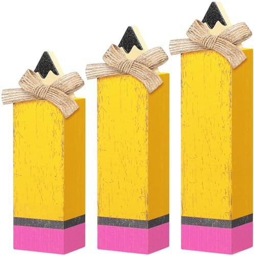 Yuntau 3 Pcs Welcome Back to School Wooden Block Sign the First Day of School Tabletop Centerpiece Rustic Farmhouse Table Decorations for Tiered Tray Decor Home Classroom Desk Shelf (Pencil)