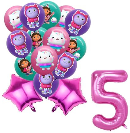 Yoimckay Gabby 15 Stück Katze Dekoration Geburtstag, Gabbys Luftballons Geburtstag Dekoration 5 Jahre Katze Thema Dekoration für Kinder Mädchen Geburtstag Ballon aus Latex und Aluminium