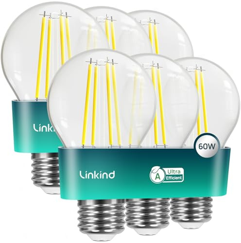 Linkind E27 LED Lampe Filament Vintage, 3,8W=60W, Warmweiß 2700K, Nicht dimmbar, Klasse A Energieeffizienz, 806LM Hell, 320° Klar Glas Edison Lampe A60, Retro Glühbirne für Schlafzimmer, 6 Stück