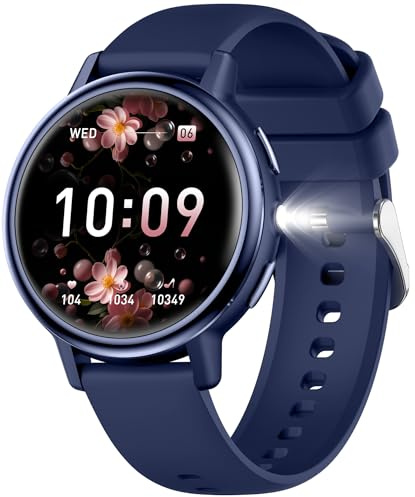 findtime Damen Smartwatch mit Telefonfunktion, 1.26 IPS Rund Touchscreen Elegante Schwarz Armbanduhr mit Menstruationszyklus Schlafmonitor Schrittzähler Taschenlampe