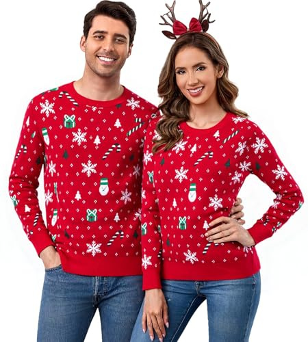 Aottori Pull de Noël Manches Longues Flocon de Neige Imprimé Sweater Tricot Col Rond Unisexe Pulls Noël Drôle Doux Chandail Chaud Christmas Festif Sweat Hauts Décontracté Hiver