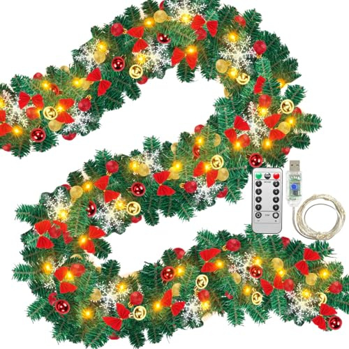 Monucep 2,7m Weihnachtsgirlande mit Beleuchtung USB & Fernbedienung – LED Tannengirlande mit Zapfen, Beeren & weißen Zweigen – Warmweiß, Weihnachtsdeko für Kamin, Türrahmen & Geländer