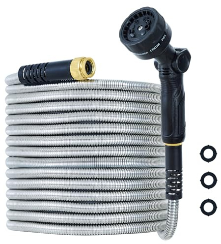 FLOWCASA Garden Hose 25ft Stainless Steel Water Hose, 304 Grade Flexible & Never Kink, with Ergonomic XXL Spray Gun (24cm), 10 Patterns, Metal Fittings, Heavy Duty