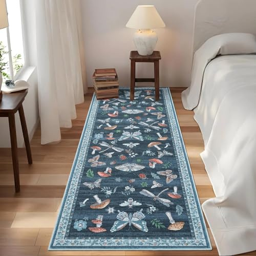 CAROMIO Waschbarer Schmetterlings Läufer 60x180 cm rutschfest Marineblau | ca. 6mm Ultradünn, Kurzflor-Teppich für Schlafzimmer Küche Flur, pflegeleicht, faltbar, pilzteppich