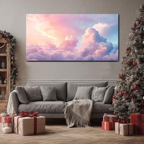 Sonnenuntergang Wolken Leinwandbilder Wohnzimmer Modern, XXL Wandbild Sanfter Farbverlauf Bilder für SchlafzimmerHimmlischer Horizont Großer Kunstdruck Leinwand Wanddekoration für die Wand 50x100 cm