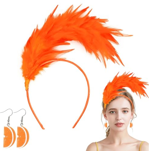 Aperol Kostüm Damen Set, Feder Haarreif,Damen Kopfschmuck Feder Haarreifen,20er Jahre Stirnband Federschmuck,Haarreif Orange Aperol,mit Ohrringe für Karneval Fasching Cocktail Hochzeit Cosplay Party