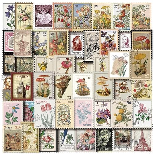 100 Stück Vintage Briefmarken Sticker Set, Selbstklebende Botanisch Fee Scrapbook Zubehör, Retro Papier Aufkleber für Junk Journal/Bullet Journal/DIY Fotoalbum Dekoration – Sticker Book Journaling