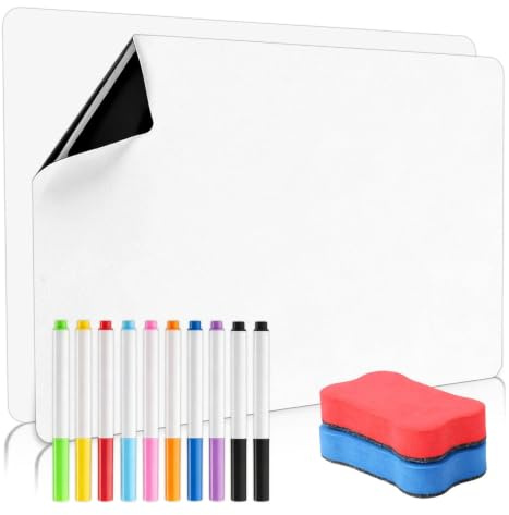 2 Pcs Magnetic Whiteboard for Fridge, A4 Fridge Whiteboard Magnetic Sheets | Dry Erase Magnetic Boards for Monthly Planner, To Do List Reminder(11.69x8.26 in), with 2 Erasers/10 White Boards Markers