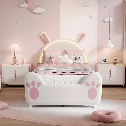 DAHUEN Polsterbett 140x200 cm für Kinder mit LED-Beleuchtung, Kinderbett Bettgestell für Mädchen mit Kopfteil in Hasenform, Prinzessin Bett Rosa mit Lattenrost, Samt (Rosa-i, 140×200cm)