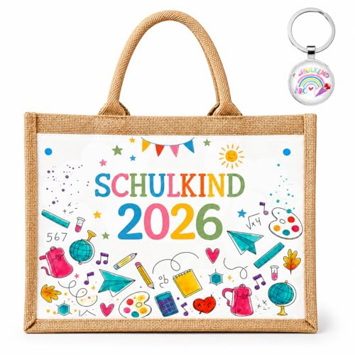 Schulkind 2026 Set Jutebeutel & Schlüsselanhänger Schulkind 2026, Praktische Alternative zur Schultüte und kleine Schultüte, Nachhaltige Geschenktasche passend für alle Schultüten