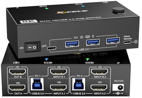 8K@60Hz 4K@120Hz KVM Switch 2 PCs 2 Monitore, HDMI Dual Monitor KVM Switch mit 4 USB 3.0-Anschlüssen, inklusive kabelgebundener Fernbedienung und USB 3.0-Kabeln