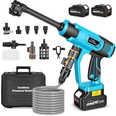 Akku Hochdruckreiniger 100bar, Mobiler Akku Druckreiniger Kompatibel mit Makita 18V Akkus, Hochdruckreiniger mit 2×4.0Ah Akkus, 6-in-1Düse, Schaumsprüher, Filterkessel, 5M Schlauch für Auto Graten