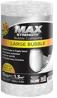 Duck Max Strength Bubble Cushioning Wrap for Moving & Shipping, 15 FT, Large Bubble Packing Wrap for Heavy Duty Protection Packaging Boxes, Clear Bubble Roll Moving Supplies, Perforated Every 12 IN