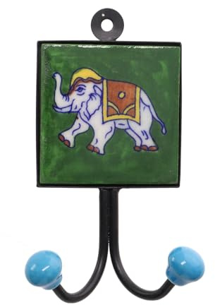GURU SHOP Doppelwandhaken, Garderobenhaken mit Keramikfliese, Modell 11 | Handgefertigte blue Pottery, indische Keramik, Maße: 8x8 cm, einzigartiges Design, einfache Montage