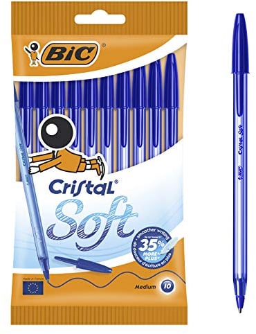 BIC Cristal Bolígrafos, Soft, Azul, Óptimo para material escolar,Punta Media (1,2mm), Material Oficina y Papelaria, Blíster de 10 Bolis