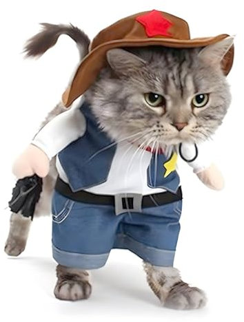 NACOCO Cowboy-Kostüm mit Hut für Katze und kleine Hunde, Halloween-Kleidung, Größe L, Blau