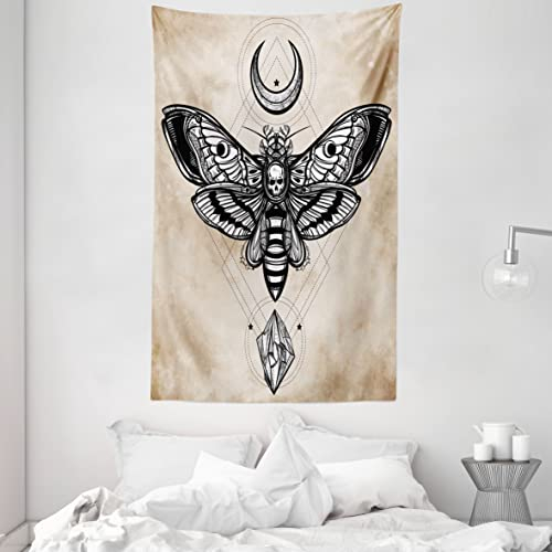 ABAKUHAUS Fantasie Wandteppich und Tagesdecke, Falke-Motte Schädel Magie aus Weiches Mikrofaser Stoff Waschbar ohne Verblassen Digitaldruck, 140 x 230 cm, Weiß Schwarz und Creme