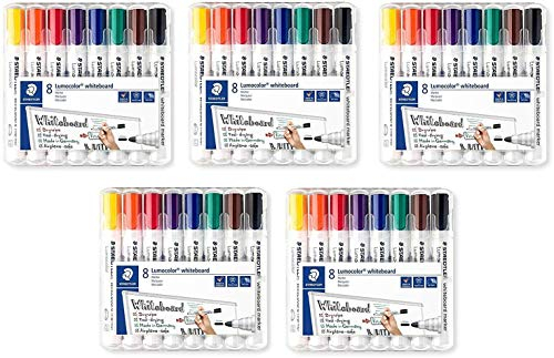 Staedtler Lumocolor 351 WP8 Whiteboard-Marker (Rundspitze ca. 2 mm Linienbreite, Set mit 8 Farben (1 Pack, 5 Packungen)