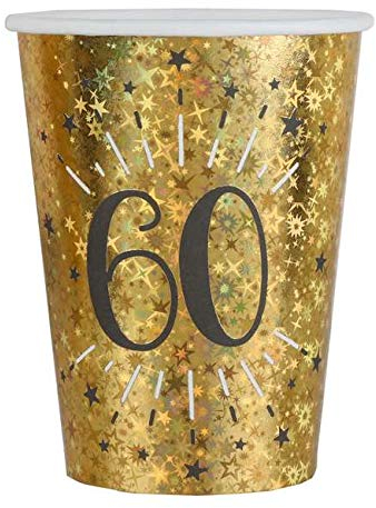 Fitwish - Gobelets Anniversaire 60 ans Noir et Or Métallisé, 20 Unités, Carton, 25 cl, Rond, Anniversaire