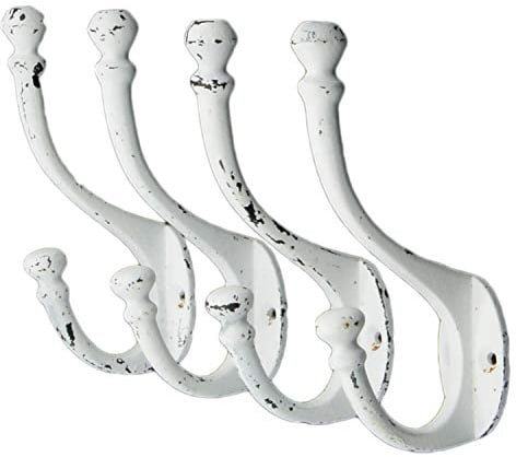 Craftsman Road Heritage Select - Set di 4 ganci da parete in ghisa vintage con finitura bianca anticata, stile rustico, rustico, shabby chic, stile country francese