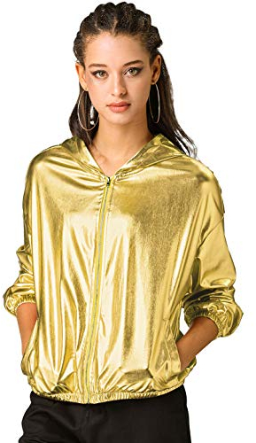 Allegra K Damen Bluson Langarm Metallic Jacke Holographic Party Reißverschluss Kapuzenjacke Gold XS