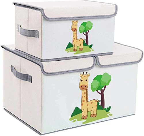 DIMJ Juego de 2 Cajas de Almacenaje Juguetes Plegable, Caja Organizadora de Juguetes con Tapa y Asa, Caja de Tela Patrón Lindo Jirafa para Niños (Beige)