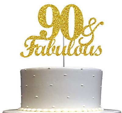 90 & Fabulous Cake Topper Gold Glitter, 90th Birthday Party Decoration Ideas, Premium Quality, Sturdy Doubled Sided Glitter, Acrylic Stick. Made in USA (90th)