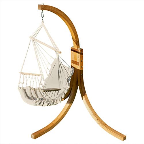 ALEOS. AS-S Hängesessel geknüft mit weichem Sitz Polster Holz Gestell aus Lärche NAV-Maly-BEIGE komplett Hängesesselgestell und Hängesessel angenehmer Sitzkomfort im 6cm dickem Kissen