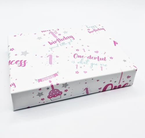 Geschenkpapier zum 1. Geburtstag, Mädchen, 2 Bögen + 2 Geschenkanhänger, süßes Geburtstagsgeschenkpapier, Weiß und Rosa (AWU)