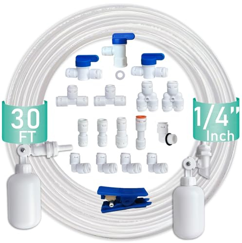 ESHIONG NSF Certified 1/4 O.D. Push to Connect Fittings for RO (Reverse Osmosis) Water Filter(with water float ball valve)19 pcs+30 feet 1/4 Water tubing.
