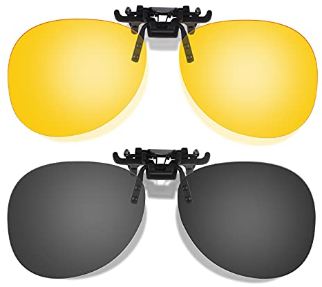 Hifot Clip on Sunglasses 2 Pack, Polarized Lens Fit over Prescription Glasses, Flip up Rimless Myopia Nearsighted Sunglasses for Men Women