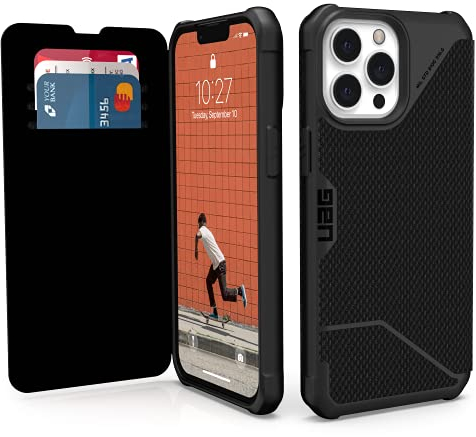Urban Armor Gear Metropolis Folio Custodia compatibile con Apple iPhone 13 Pro Max [Cover compatibile con la ricarica wireless (Qi), Custodia con funzione stand e slot per schede] kevlar nero