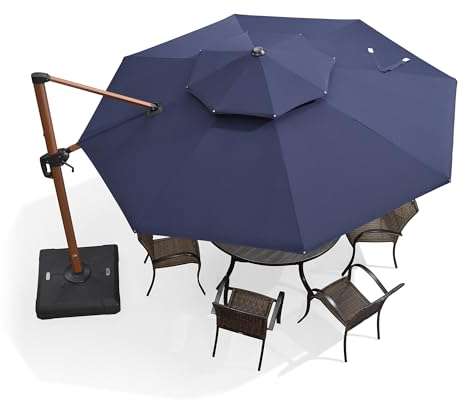 PURPLE LEAF Alu Holzoptik Ampelschirm Sonnenschirm Ø 330 cm Drehbar Neigbar Kippbar Gartenschirm Groß 360° Drehbar mit Kurbel Doppeldach, XXL, Marineblau