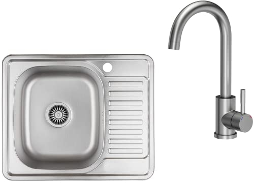 VBChome Einbauspüle mit Armatur 58x48 Leinenstruktur Rechts Edelstahl Küchenspüle Spüle Ablagefläche Abtropffläche Ablaufgarnitur Siphon Wasserhahn Inox