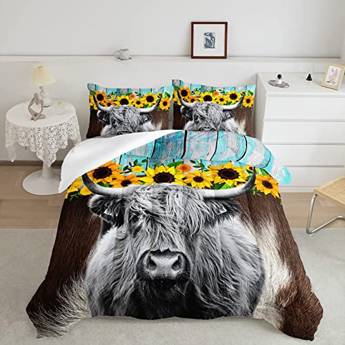Highland Rinder Blume Tröster Set Queen Size Stier Rinder Bettwäsche Set Western Funny Animal Bedding Set Wildlife Farmhouse Kuh Quilt Set Sonnenblumen Tröster Set für Kinder Teenager Jungen Mädchen