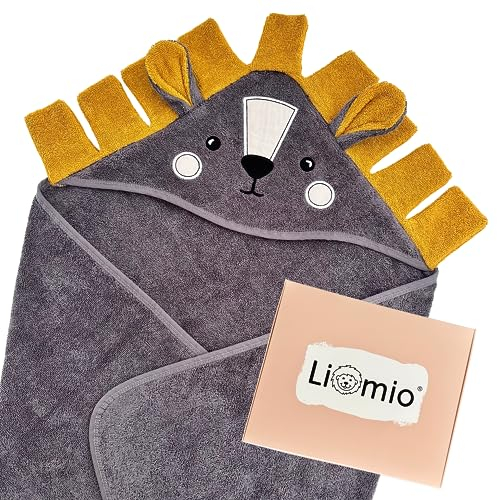 Liomio Kapuzenhandtuch Baby - Baby Handtuch mit Kapuze 100% Baumwolle [Oeko-TEX® 100] weich, kuschelig Baby Badetuch Babygeschenk (75x75cm, Löwe - Anthrazit)