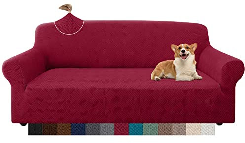Granbest Stilvolle Rhombus Dicke Sofabezug 3 Sitzer Elastische Modestoffe Couchbezug rutschfest Sofaschutz für Kinder Haustiere Wohnzimmer (3 Sitzer, Weinrot)