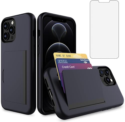 Asuwish Phone Case for iPhone 13 Pro 6.1 inch with Tempered Glass Screen Protector Cover and Credit Card Holder Stand Slim Hybrid Cell iPhone13Pro 5G i i-Phone i13 iPhone13 13Pro Women Men Navy Blue