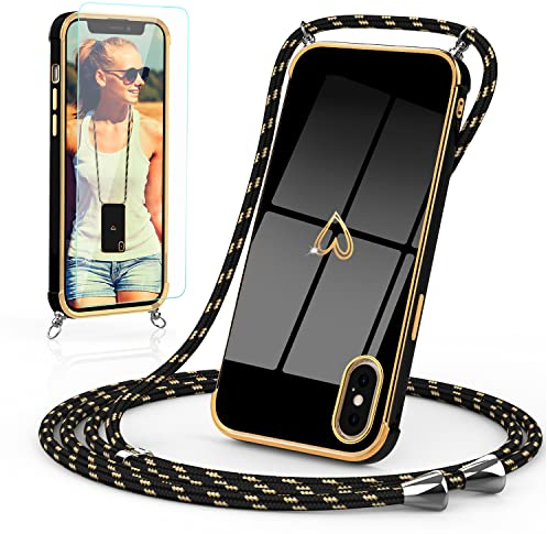 Togestar Handykette Hülle für iPhone XS Max Handyhülle mit Band und Schutzfolie, Kameraschutz Herz Love Design 360 Grad Stoßfeste Schutzhülle Silikon TPU mit Kordel zum Umhängen, Schwarz