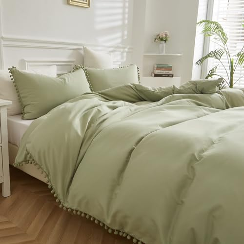 Grüner Bettbezug für Einzelbett, Pompom-Bettwäsche, Quasten, Bettbezug, weiche Mikrofaser-Bettwäsche mit Reißverschluss für Heimdekoration (135 x 200 cm)